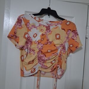 Floral Ruched Crop Top - Orange and White